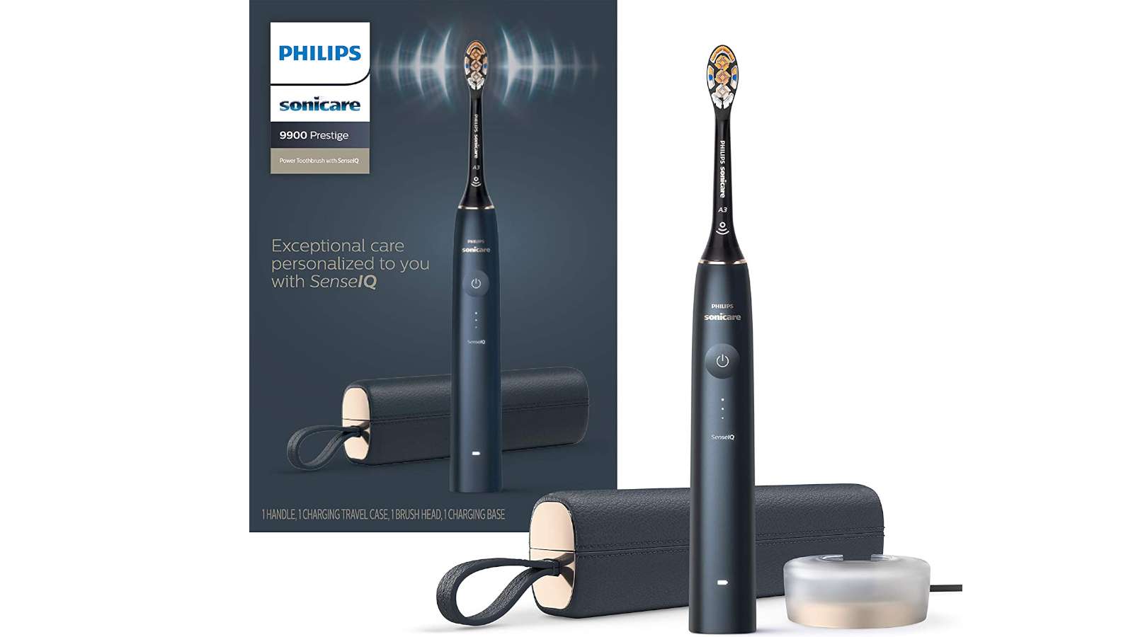 reviews on best philips sonicare toothbrushes - Philips Sonicare 9900 Prestige (Midnight, HX9990/12) toothbrush and its packaging