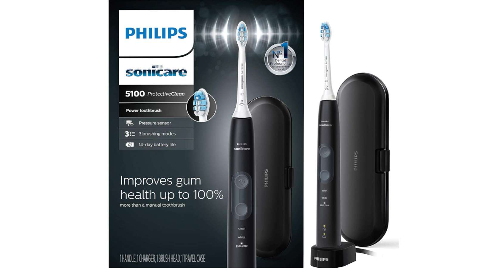 Philips Sonicare ProtectiveClean 5100 (Black, HX6850/60) toothbrush and its packaging
