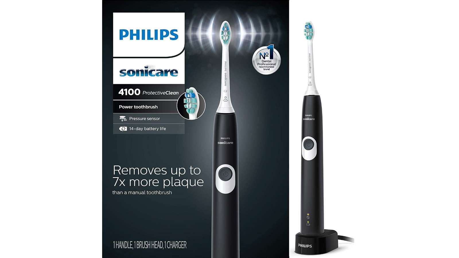Philips Sonicare ProtectiveClean 4100 (Black, HX6810/50) toothbrush and its packaging