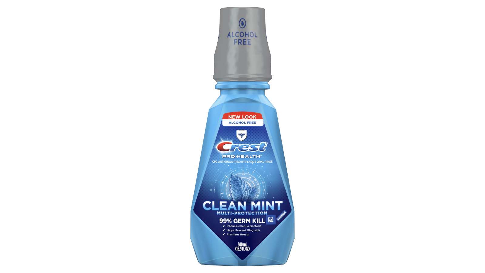 bottle of crest pro-health multi-protection mouthwash, refreshing clean mint 16.90 oz