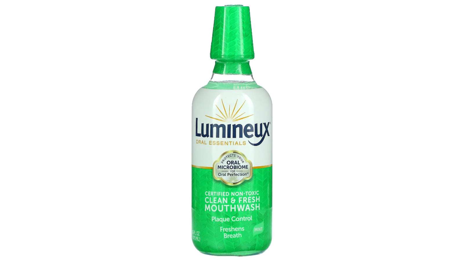 bottle of certified non-toxic clean & fresh mouthwash, mint, 16 fl oz (473 ml), lumineux oral essentials