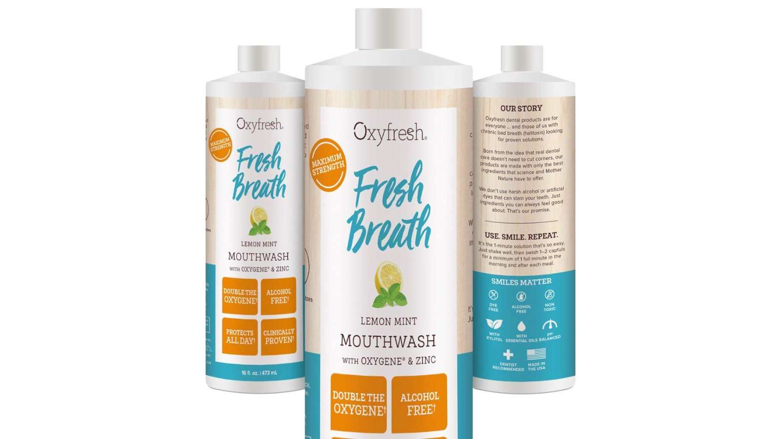 bottle of oxyfresh premium fresh breath lemon mint mouthwash 16 oz. + bad breath lemon mint toothpaste 5oz