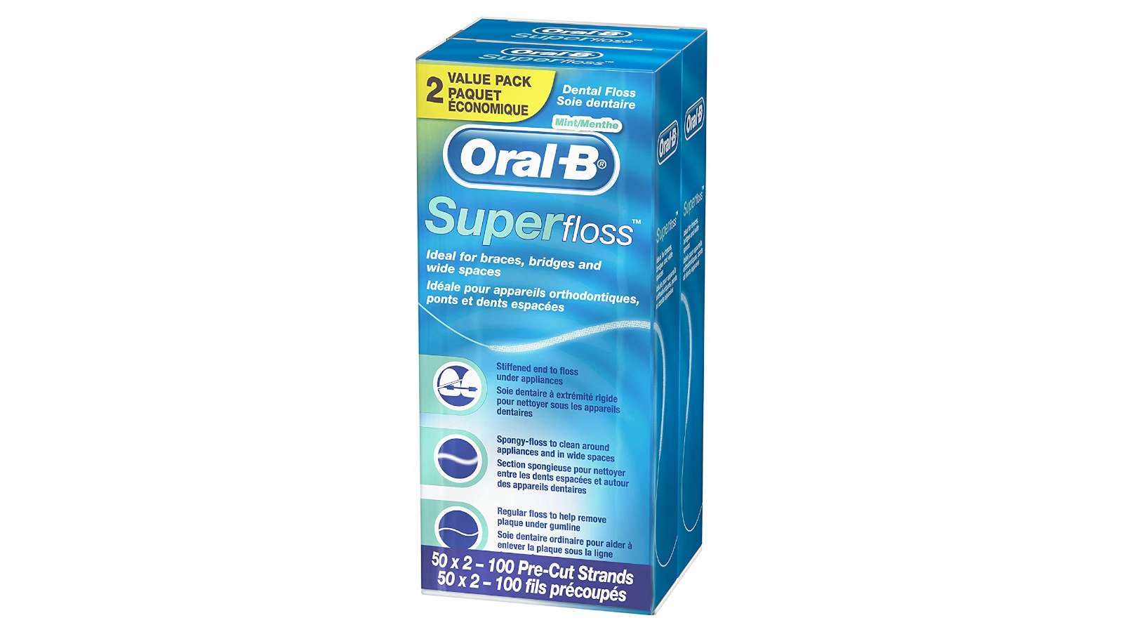 pack of 2 oral-b dental floss for braces, super floss pre-cut strands, mint