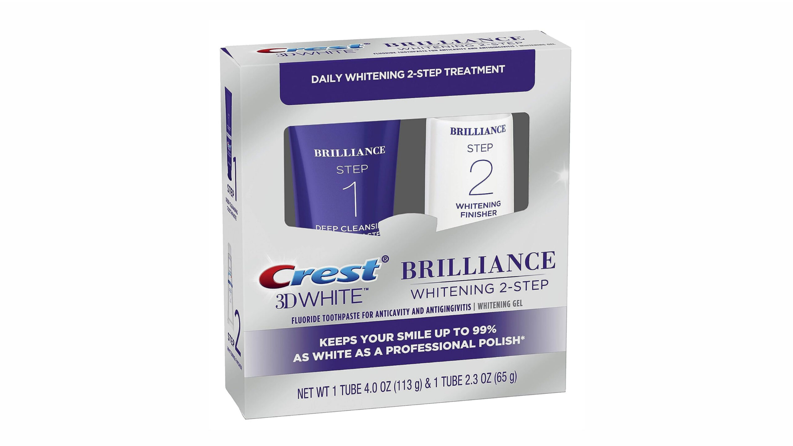 image of crest 3d white brilliance 2 step kit, which includes a 4oz tube of deep clean toothpaste and a 2.3oz tube of teeth whitening gel