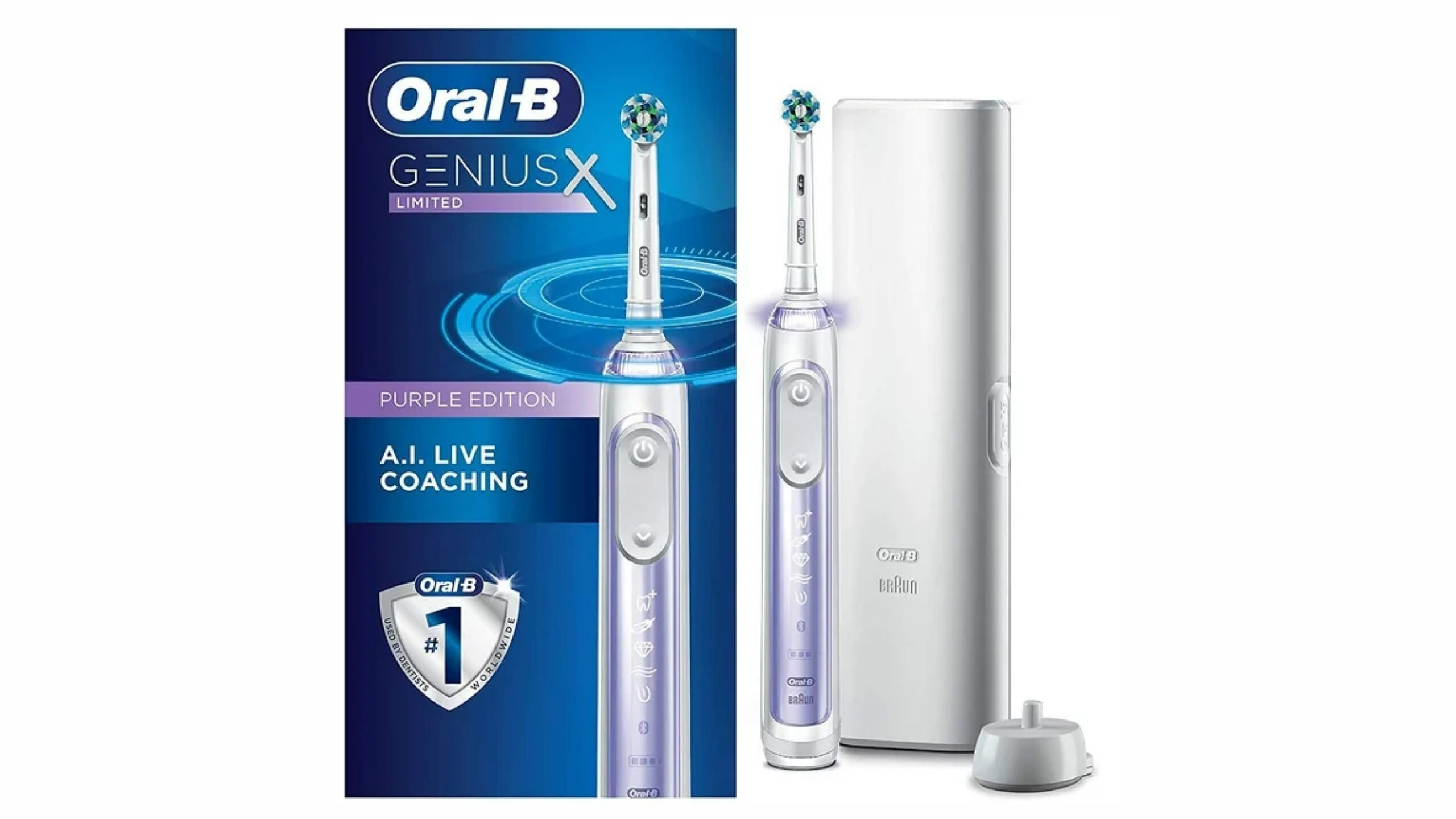 display of orchid purple oral-b genius x rechargeable electric toothbrush with artificial intelligence