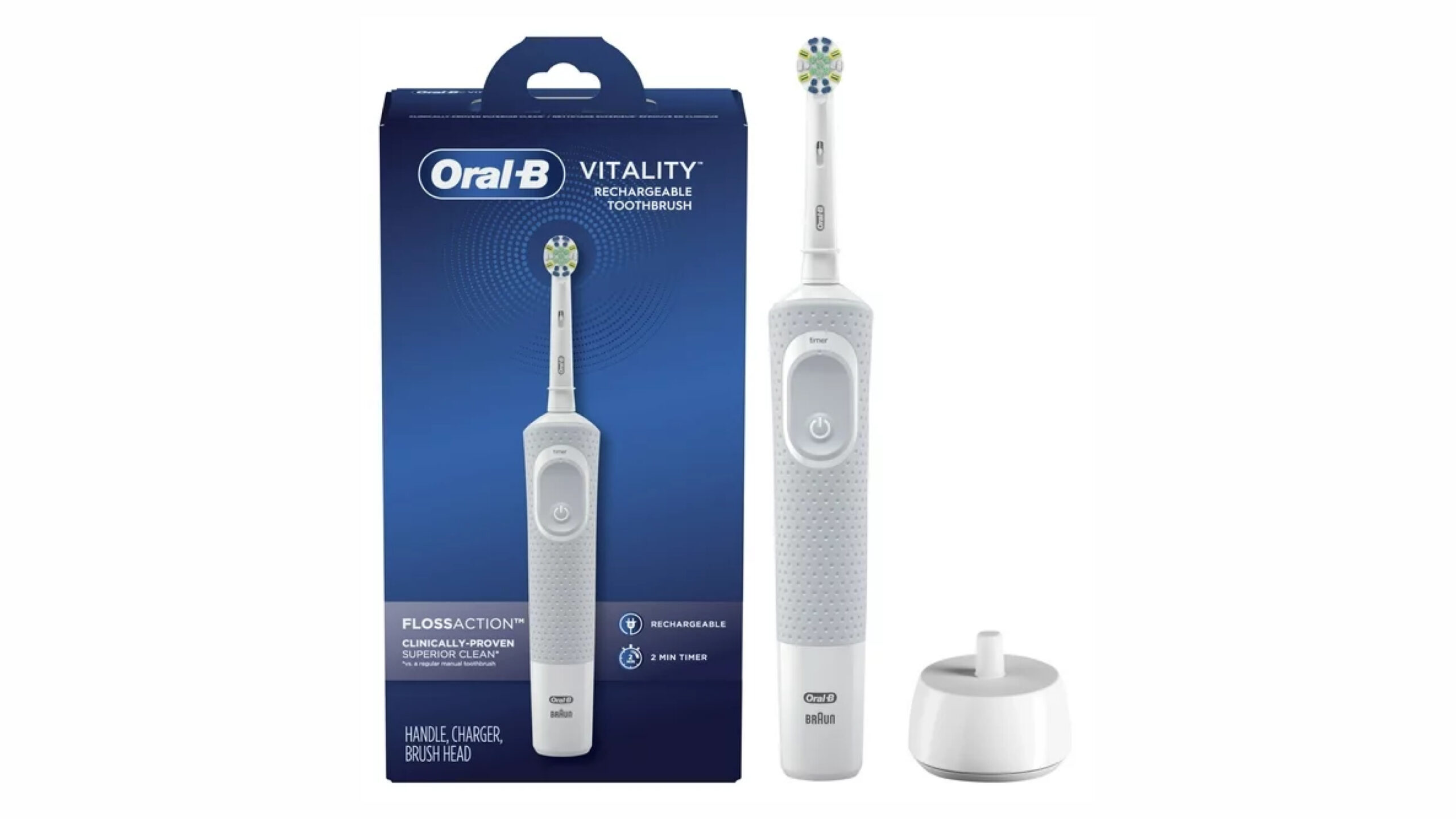 packet and display of oral-b vitality flossaction electric rechargeable toothbrush