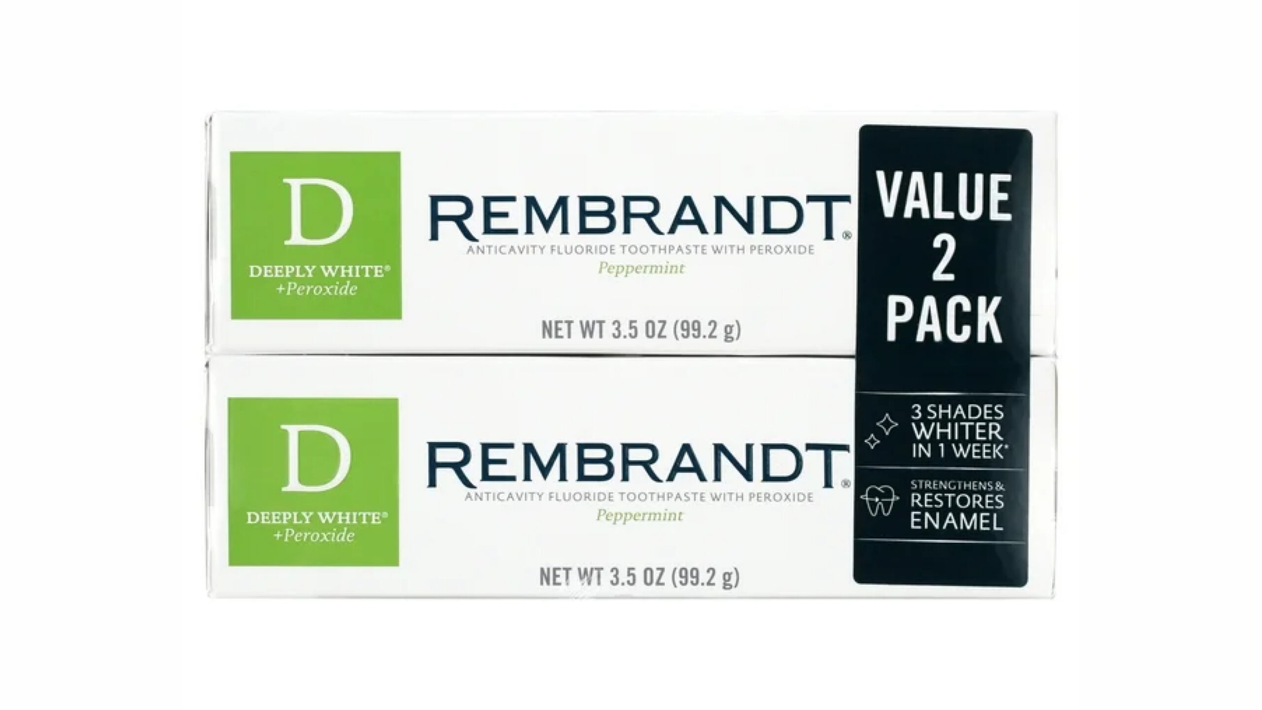 two packs of 3.5 ounce rembrandt deeply white + peroxide whitening toothpaste with fluoride