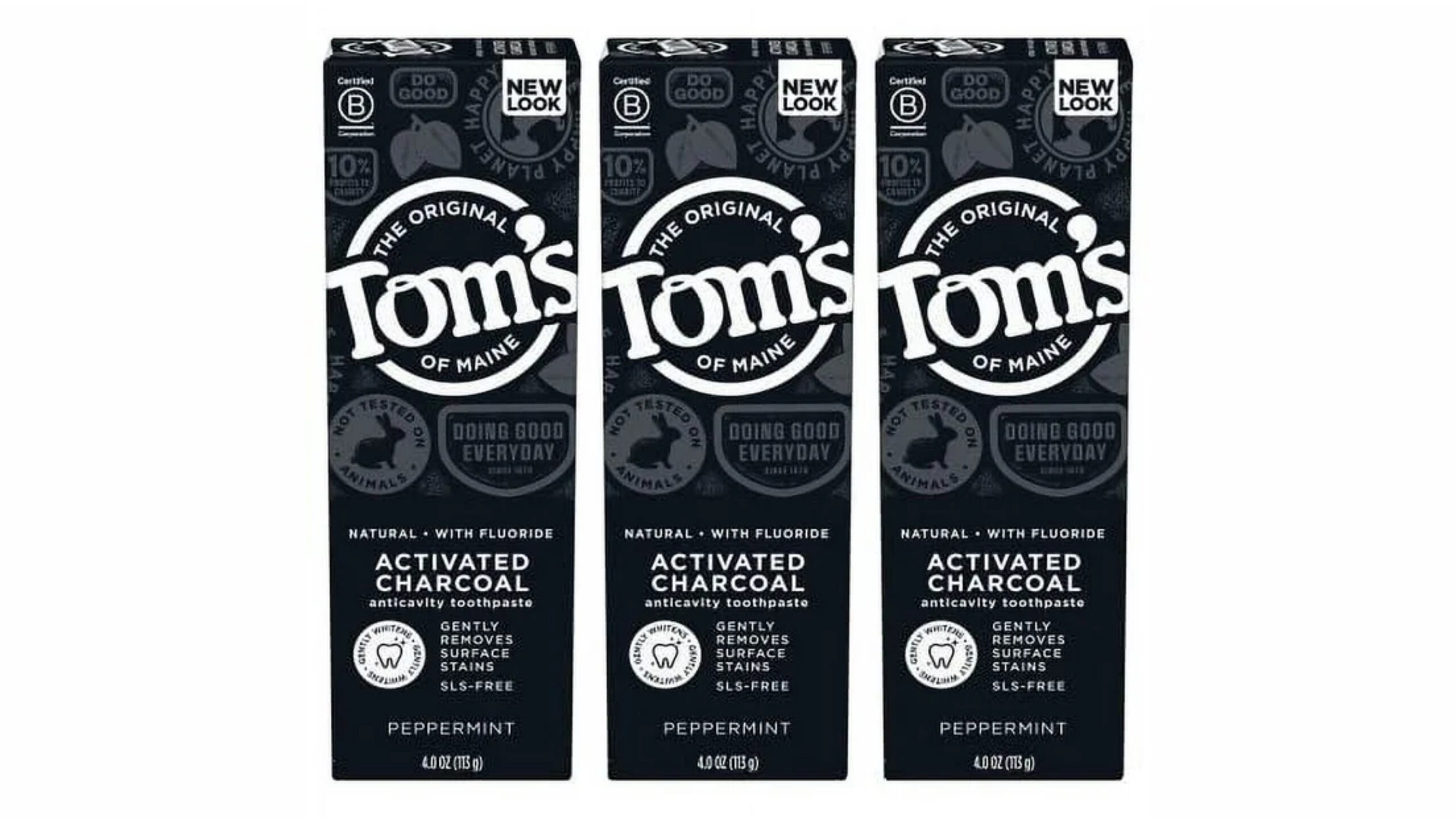 image of tom's of maine activated charcoal whitening toothpaste with fluoride, peppermint flavor, 4.7 oz, 3-pack